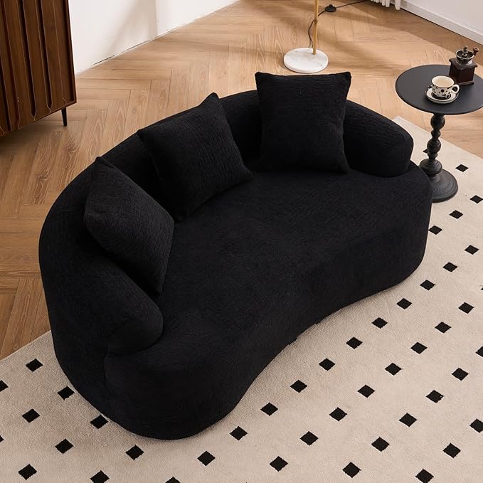 65 Curved Loveseat for Small SpacesBoneless Loveseat SofaWood Grain Chenille Fabric No Installation Requirement Curved Sofa Couch for ApartmentLiving RoomOffice (Black65)
