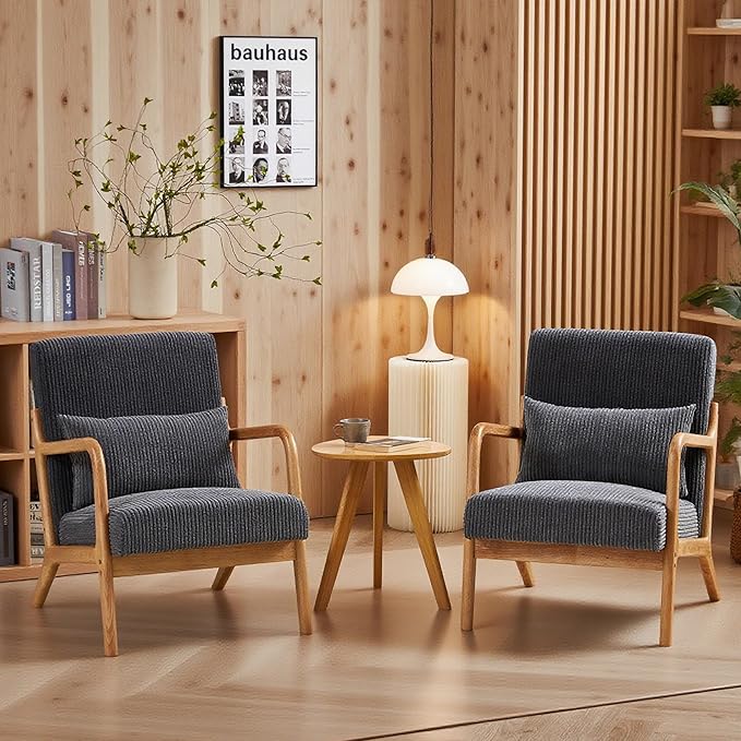 Corduroy Accent Chair Set of 2 Mid Century Modern Armchair with Soft Cushion Wingback Lounge Chair with Solid Wood Frame for Bedroom Living Room Reading Room (Dark Grey)