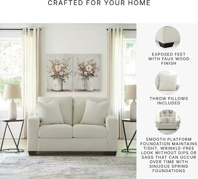 Signature Design by Ashley Ammon Casual Anti Sag Loveseat with Loose Seat Cushion and 2 Accent Pillows White