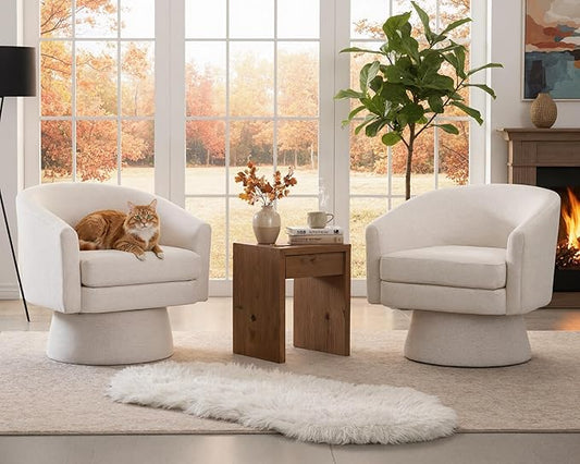 HNY Modern Swivel Beige Accent Chairs Set of 2 Linen Upholstered Barrel Chairs Cozy Vanity Arm Chairs with Back Comfy Sherpa Round Lounge Reading Armchairs Club Side Chairs for Living Room Bedroom