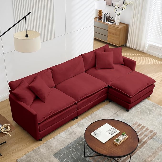 Modular Convertible Sectional Couch L-Shaped 4 Seat Sofa with Reversible Chaise Deep Seat Cloud Couch Sleeper Sofa Bed Chenille Fabric with Pillow for Living Room Bedroom and Apartment
