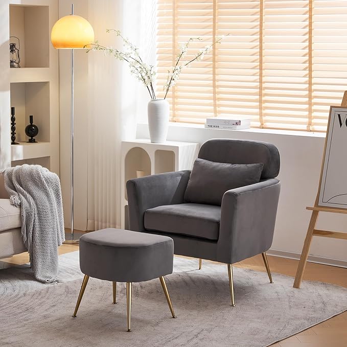 Accent Chair Dark Gray Chair with Ottoman Comfy ArmChair Footrest Set Comfortable Living Room Chairs Club Tub Sofa Chair for Reading Room Lazy Chair with Ottoman Accent Lounge Chair with Footstool