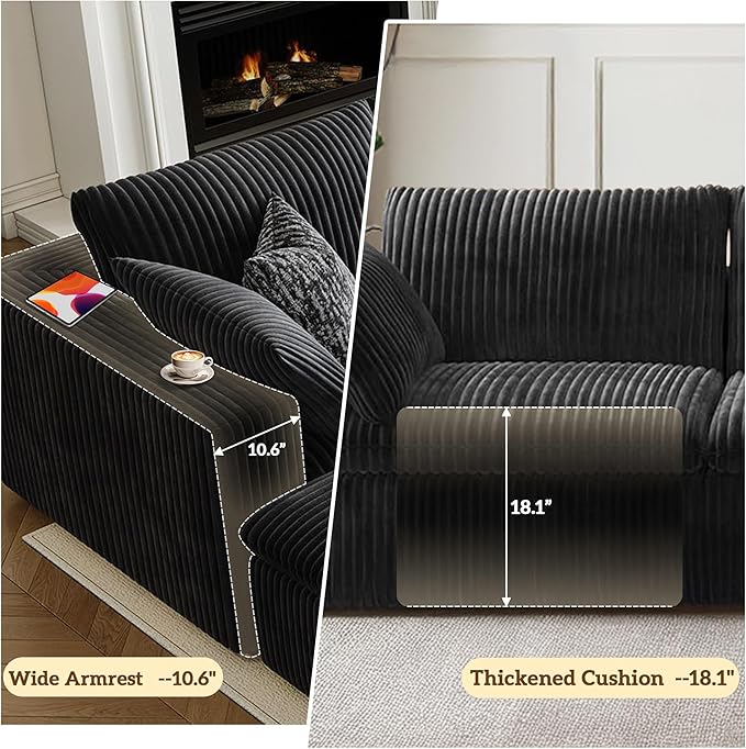 157.6 Cloud Couch Oversized Modular Sectional Sofa Boneless U-Shaped 6 Seater Deep Seat Couch with Ottoman Soft Corduroy Upholstery DIY Combination for Living Room No Assembly Required Black