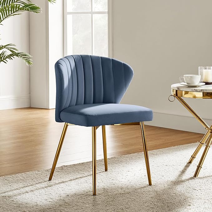 HULALA HOME Velvet Dining Chairs Modern Small Armless Accent Chair with Gold Metal Legs Living Room Upholstered Cute Side Chair Elegant Tufted Back Vanity Chair for Bedroom Slate-Blue