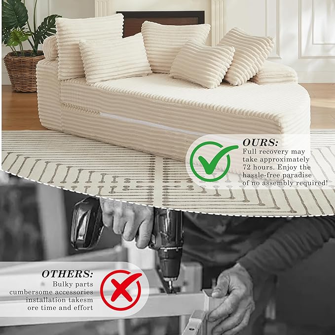 78.5 Beige Corduroy Boneless Right-Side Half Round Oversized Sofa Converts into Recliners Sofa Bed Convertible Lounge Chair Neck Pillow Design with Five Throw Pillows