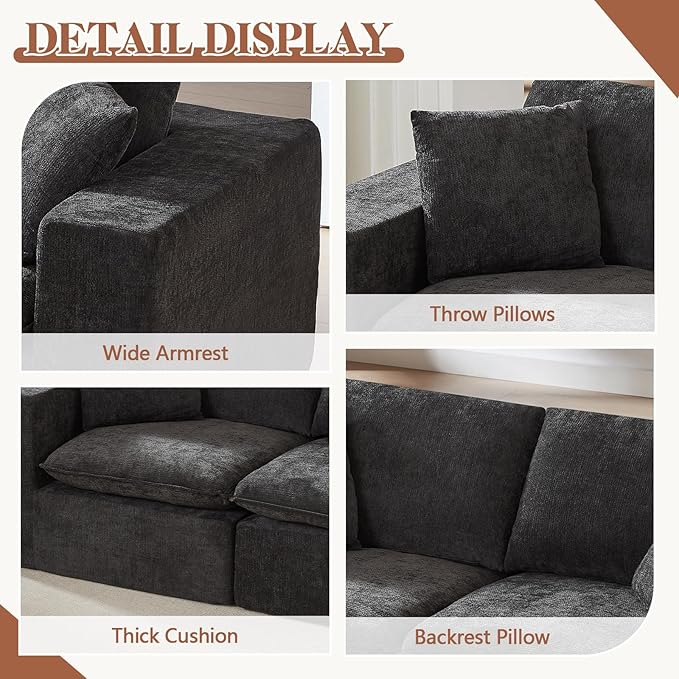 78” Cloud Loveseat Sofa with Cushions Boneless Couch in a Box Chenille Foam Couch for Bedroom Living Room Apartment Modern Small No Assembly (Black)