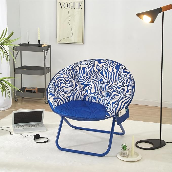Urban Lifestyle Printed Back Micromink Saucer™ Chair with Navy Legs and Side Storage Pocket Blue and White Swirl