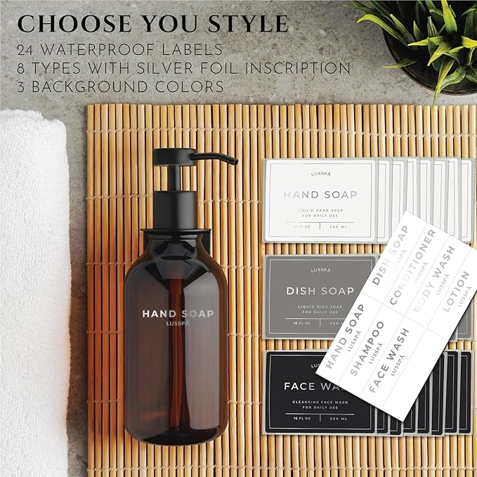 Shower Shampoo Dispenser Wall Mounted – 3 Refillable 16.9 oz Amber Bottles with Stainless Steel Pumps &amp No-Drill Adhesive Holders – Soap Dispenser Set for Bathroom (3 X Amber/Black)