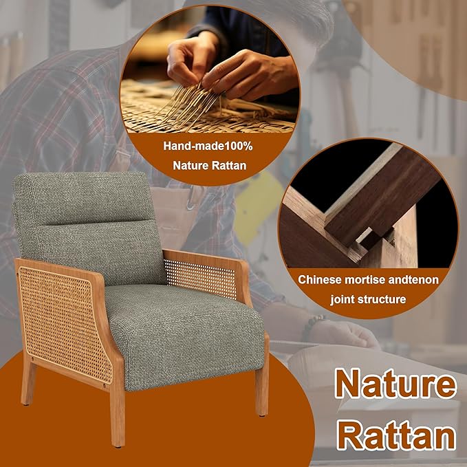 WENTMENT Modern Accent Chair Armchair with Natural Rattan Armrest Upholstered Living Room Chair Comfy Single Sofa Chair for Hosting Room/Bedroom Grey