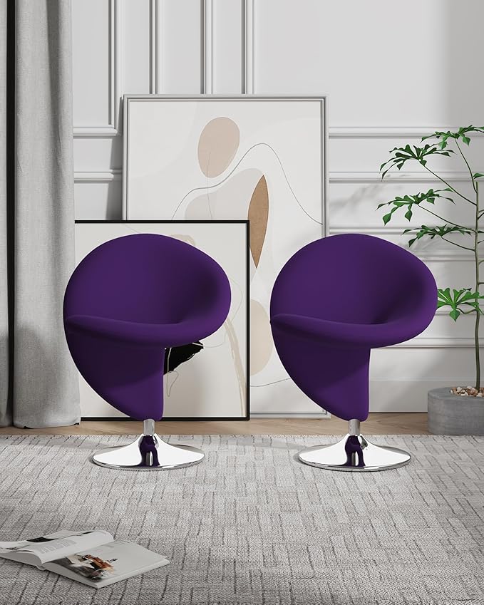 Manhattan Comfort Curl Swivel Accent Chair Set of 1 with 360° Turn Fully Assembled Upholstered in Wool Blend Modern Ergonomic Design with Polished Chrome Base Set of 1 Purple