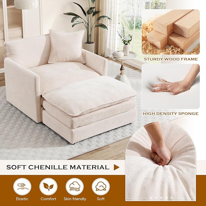 Oversized Chaise Lounge Chair Indoor Modern Comfy Chenille Cloud Accent Chair and A Half with Ottoman Single Deep Seat Sofa Couch Reading Armchair for Living Room Bedroom Apartment Beige