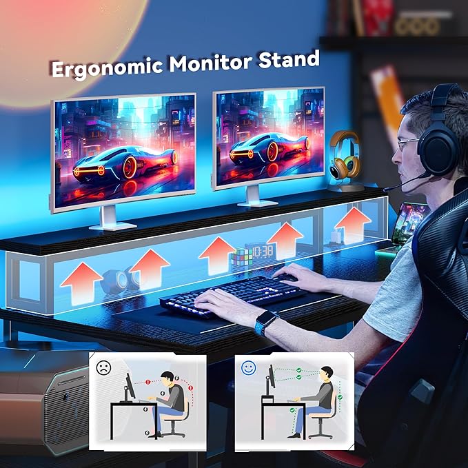 EnHomee 56 Medium L Shaped Gaming Desk with LED &amp Power OutletsComputer Desk with Monitor Stand &amp Print Stand for Home OfficeReversible Corner Gaming Table with Storage Shelf &amp HooksBl