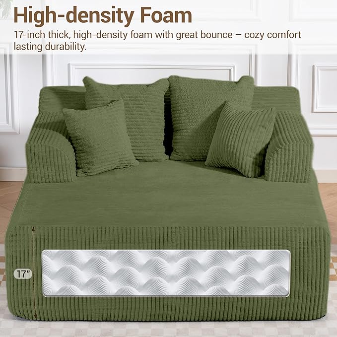 58 Inch Chaise Lounge Chair Indoor Corduroy Boneless Sofa Bed Deep Seat Sleeper Couch Reading Chairs Upholstered Comfy Cloud Sofas Couches for Living Room No Assembly Required Green