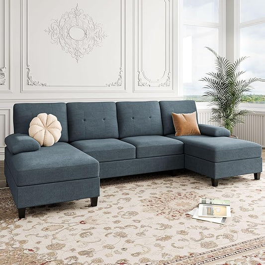 Shintenchi 106'' U-Shaped Sectional Couches for Living Room 4 Seat Modular Sectional Sofa with Double Chaise Couch for ApartmentBlack/Blue