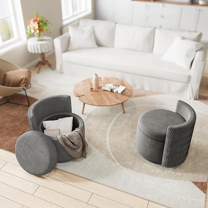 360° Swivel Accent Chair with Storage Vanity Stool with Back Velvet Storage Ottoman Upholstered Round Barrel Vanity Chair for Living Room Makeup Room Bedroom (Gray)