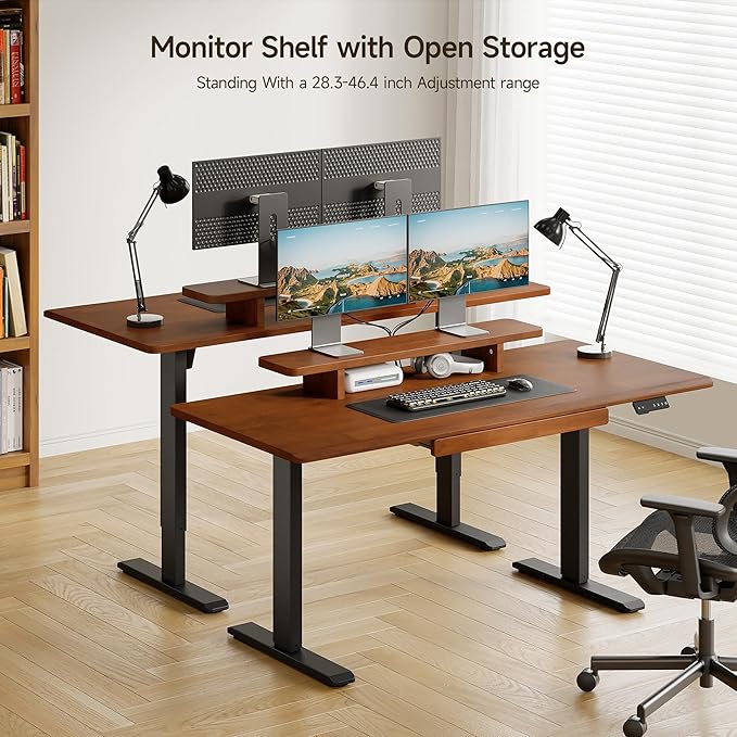 ONBRILL Standing Desk with Drawer 55x23.6 Inches Solid Wood Desktop Stand Up Desk with Whole-Piece Board and Storage Shelf Adjustable Height from 28-46 Inches for Home &amp Office Brown