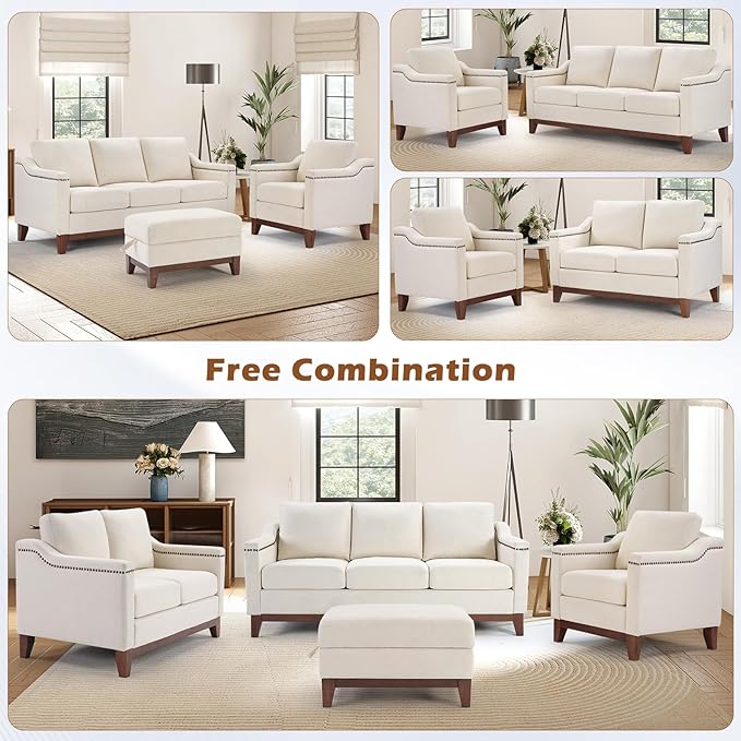 Modern 3 Piece Sofa Set with Rivets Included Chenille Accent Chair Upholstered Loveseat 2-Seater Couches with Solid Wood Legs and Storage Ottoman Living Room Furniture SetBeige