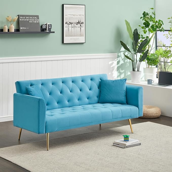 KINFFICT Velvet Futon Sofa Bed with 2 Pillows Convertible Sleeper Sofa Couch with 3 Angle Adjustable Backrest Modern Loveseat with 4 Golden Metal Legs for Living Room and Bedroom