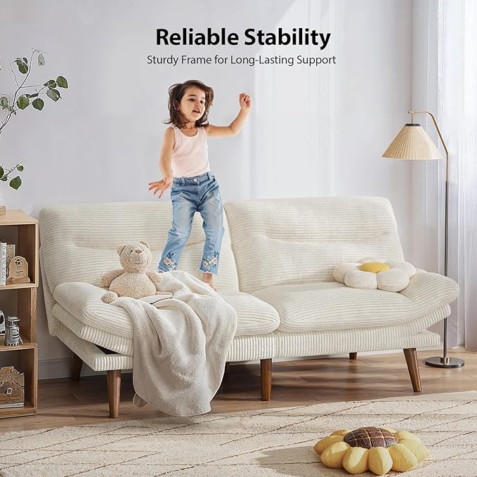 PERLECARE Convertible Futon Sofa Bed 66 Corduroy Futon Couch with Adjustable Backrest and Armrests 3-in-1Recliner Sleeper Sofa for Small Spaces Play RoomLiving Room or Office（66 inWhite） | Adjus