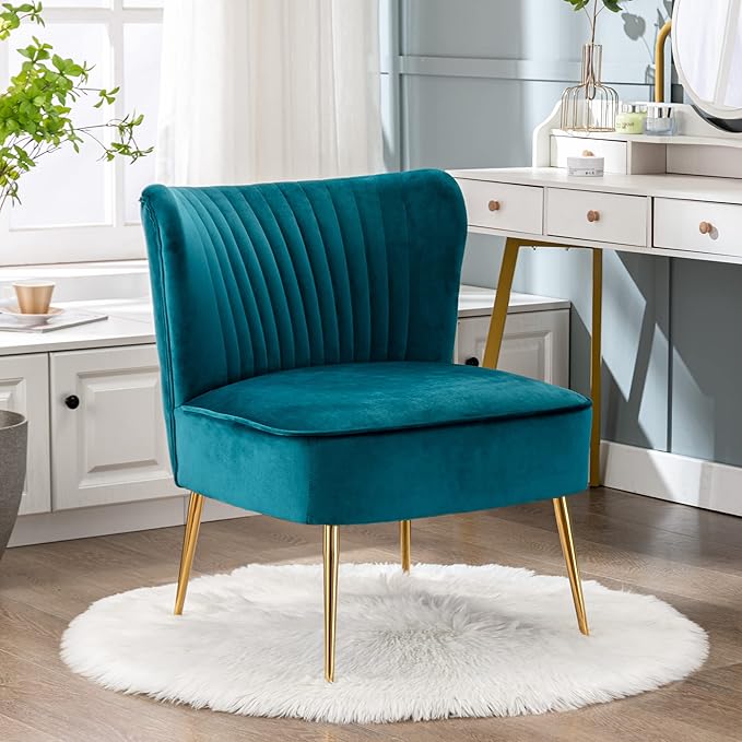 WO Home Furniture 25 Wide Tufted Velvet Accent Chair with Rust Resistant Golden Metal Legs Premium Quality Rust Resistant Seat for Your Den Living Room Bedroom Inside Area (Teal)