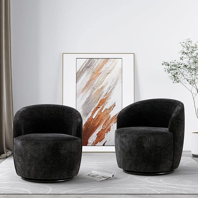 Swivel Barrel Chair Set of 2 360 Degree Boucle Swivel Accent Chair Upholstered Chenille Round Armchair Modern Small Reading Lounge Chair for Living Room Bedroom Office Black Chenille