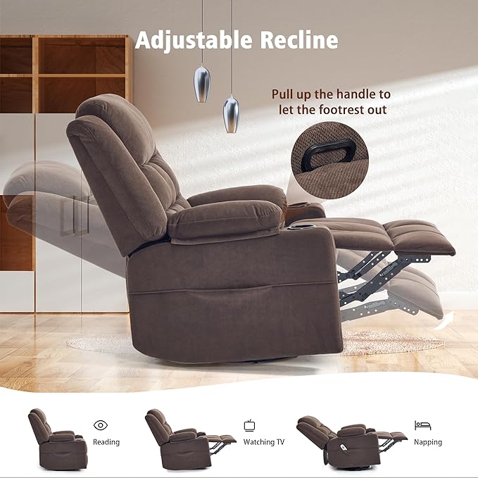 Swivel Rocker Recliner Chair for Adults with Massage and Heat Cup Holders and Side Pockets Glider Rocking Reclining Single Sofa Chair for Living Room (Cocoa)