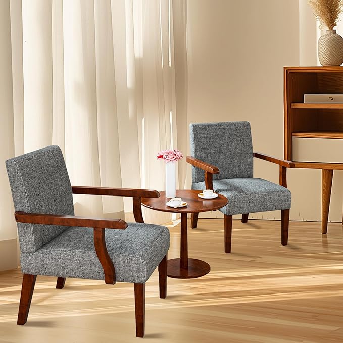 Modern Accent Chairs Set of 2 with Round Side Table Mid-Century Reading Leisure Arm Chair Fabric Upholstered with Solid Wood Armchair for Living Room Bedroom Office Apartment (Grey)