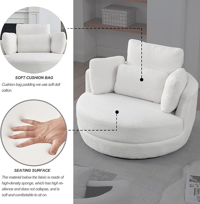 39 Swivel Barrel Chair Accent Chair with Storage Ottoman for Living Room Modern Round Upholstered Single Sofa Couch Chair for Apartment Bedroom Teddy Fabric White