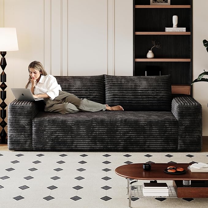 63 Loveseat Sofa in a BoxPlush Corduroy Fabric Deep Seat CouchNo Assembly RequiredSpace-Saving DesignComfy Seater Sofa for Living Room Apartment Bedroom &amp OfficeModernBlack
