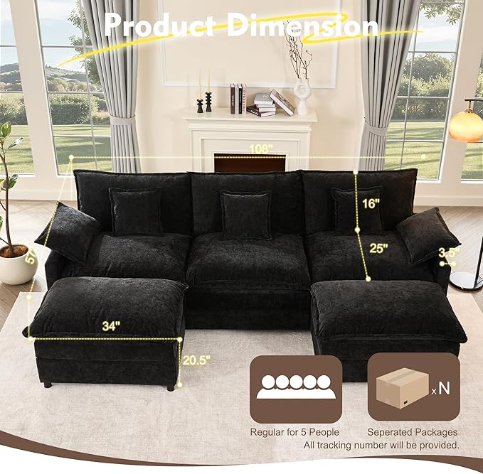 108 U Shaped Couch Modular Sectional Sofa 3-Seater Comfy Cloud Couch Set of Modular Pieces with Movable Ottoman Deep Seat Couches for Living Room Chenille Black