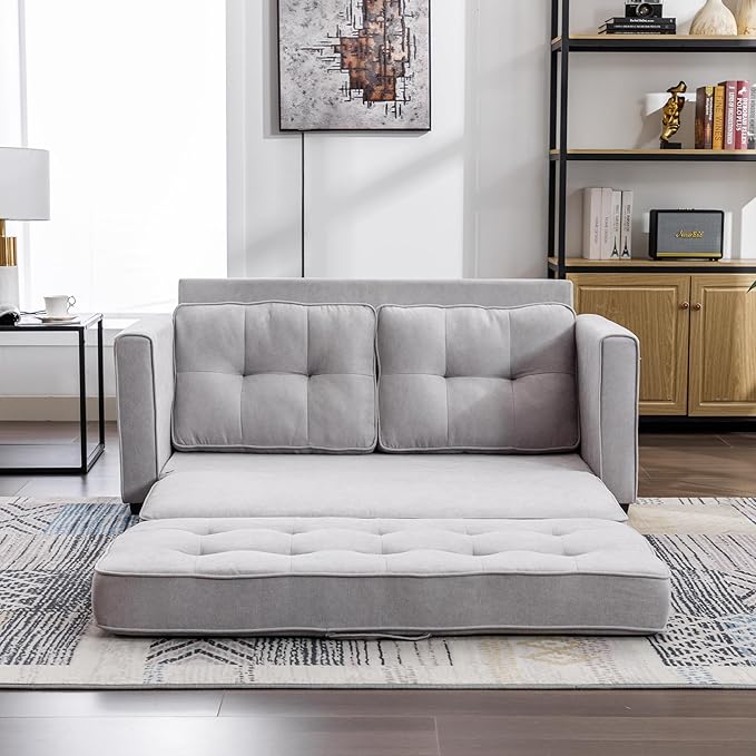 ERYE 3 Fold Tufted Upholstered Futon Sofa Bed Modern Convertible Foldable Floor Loveseat Sofabed with Pull Out Sleeper Couch Daybed W/Side Pockets for Living Room