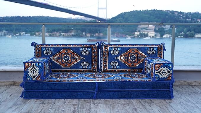 arabicsofa 8 Inch Thick Royal Blue Arabic Floor Cushion – Handmade Modular Majlis Seating with Backrest Pillows