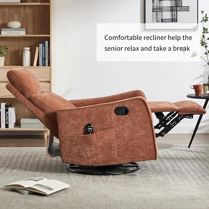 High Back Massage Recliner with Heat - Swivel Rocking Chair for Small Spaces Manual Lazy Boy Recliner for Adults Perfect for Living Room &amp Bedroom Soft Fabric (Orange)