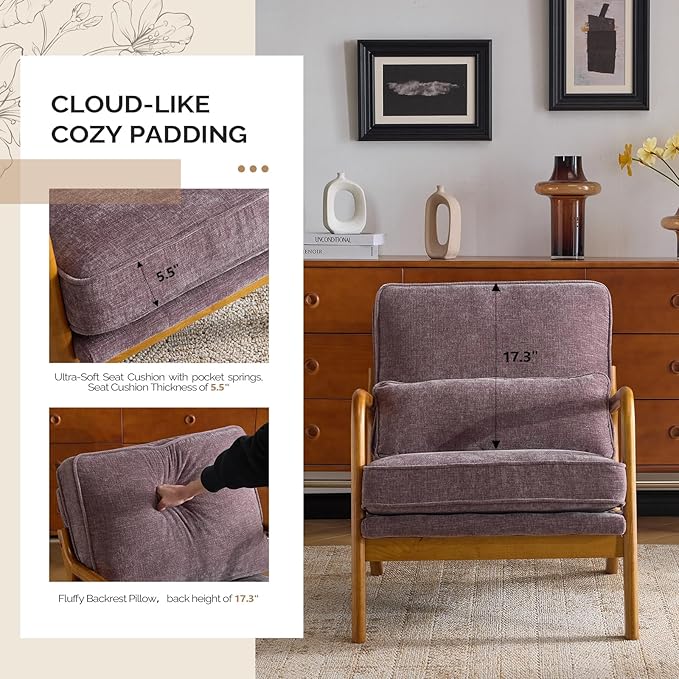 VINGLI Chenille Mid-Century Modern Accent Chair Cute Reading Arm Chair with Cushion &amp Lumbar Pillow &amp Solid Wood Frame for Lounge Living Room Reading Room Bedroom Light Purple