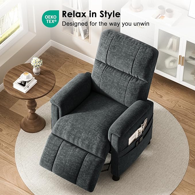 Pipishell Power Recliner Chair for AdultsElectric Recliner with Remote Adjustable Recline/Footrest Chenille FabricThick Seat Cushion Small Recliner for Living Room Home Theater Black