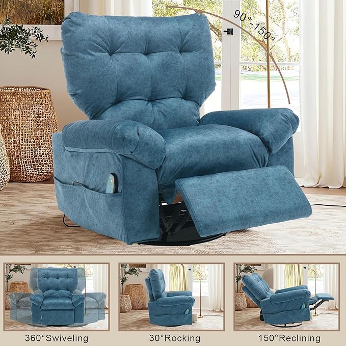 Rocker Recliner Chair for Adults Soft Lazy Boy Recliner Chair with Heat&amp Adjustable Backrest Footrest Oversized Massage Recliner Chair with Swivel and Side Pocket for Living Room Bedroom (Blue)