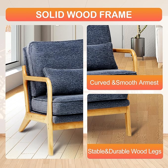 Mid-Century Accent Chair Set of 2 with Solid Wood Frame Reading Relaxing Armchair Lumbar Pillow&amp Soft Cushion Leisure Chair for Living Room Bedroom Waiting Room-Blue