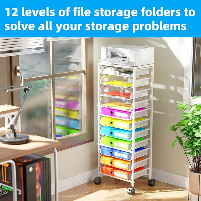 Simple Trending 12 Tier Rolling File CartWood Desk File Organizer with Sliding Trays and Wetal Mesh Paper Letter Storage Multi-Functional Rolling Clutter Cart for Office Home SchoolWhite