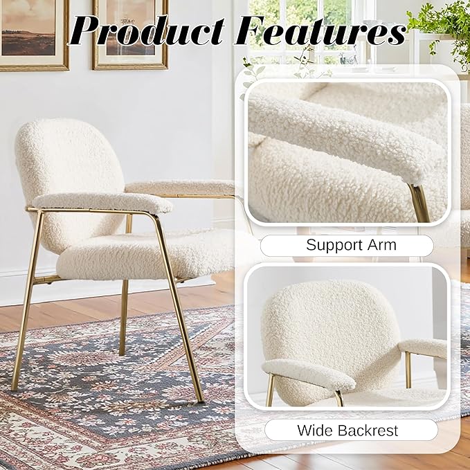 Accent Chair Set of 2 Sherpa Upholstered Armchair Reading Side Chair Comfy Living Room Chair with Gold Metal Legs for Bedroom Waiting Room Beige