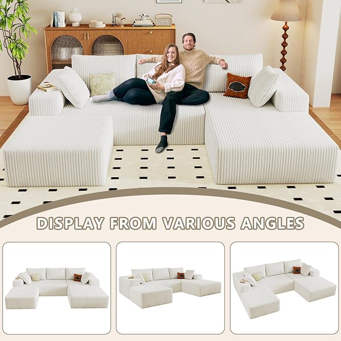 96 Cloud Sectional Couch with U-Shaped Chaise Corduroy Sectional Sofa with Ottoman Boneless Couch with Deep Seat in a Box for Living Room No Assembly Required (White Right Facing Chaise)