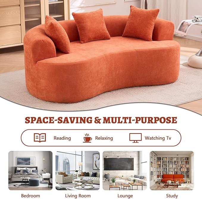 Luxury 80” Curved Loveseat Sofa Chenille Curved Couch with 2 Big Pillows &amp Extra Wide Armrests Comfy Upholstered Oversized Loveseat Couch &amp Sofa for Living Room (Orange 80 Inches)