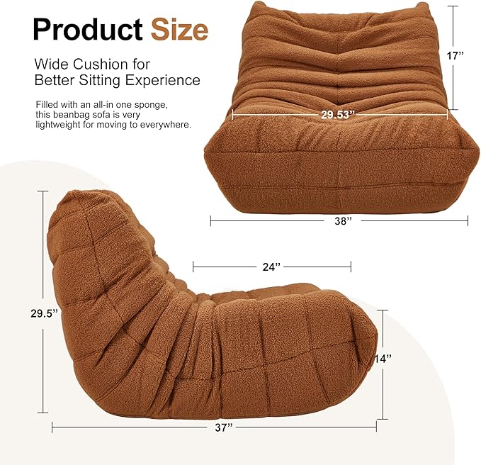 Bean Bag Chairs for Adults Giant Bean Bag Chair Memory Foam BeanBag Chair Bean Bag Sofa with Filler Faux Fur Fireside Beanbags Lazy Sofa for Living Room Bedroom Office (Brown Teddy Single)