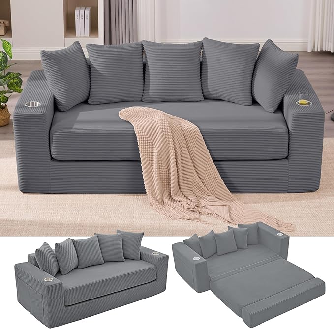 Anwick 2-in-1 Convertible Sleeper Sofa Bed Corduroy Boneless Loveseat Cloud Couch for Living Room Compressed Sofa in a Box 5 Pillows Fixed Frames Side Pockets &amp Cup Holders No Assembly (Gray