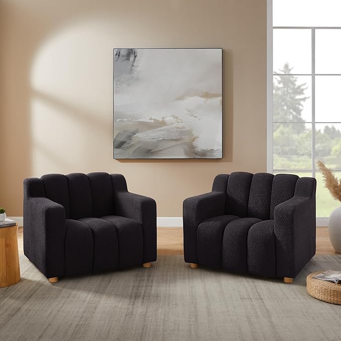 Modern Oversized Living Room Chairs 40 Wide Boucle Accent Chairs with Deep Seat and Wooden Legs Comfy Reading Arm Chair for Bedroom Apartment Dark Grey