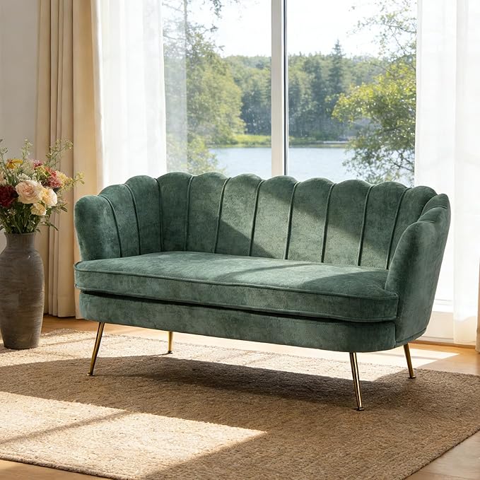 Mlmh &amp Kngwa 59 Small Chenille Loveseat Sofa 2 Seater Couch Settee with Gold Metal Legs Comfy Upholstered Floral Mini Sofa for Bedroom Living Room Apartment Green