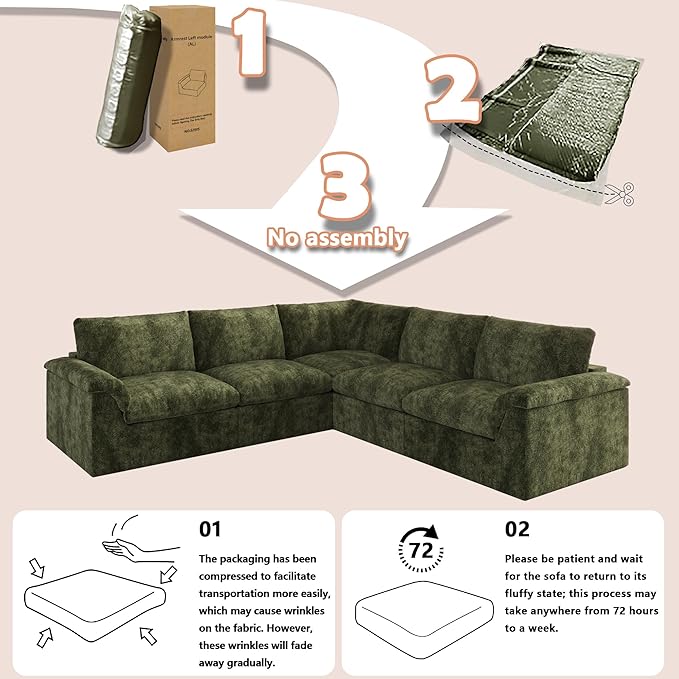 EASE MOOSE Cloud Couch Sectional Sofa L-Shaped Oversized Modular Couch for Living Room Boneless Convertible Couches 5-Seat Deep Sofas for Bedroom Chenille (Green)