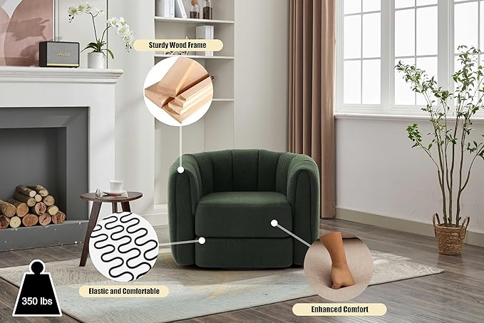 Swivel Accent Chair for Livingroom Teddy Fabric 360 Degree Round Swivel Barrel Armchair Wide Upholstered for Living Room Bedroom Reading Waitingroom (Green+Dark Green)