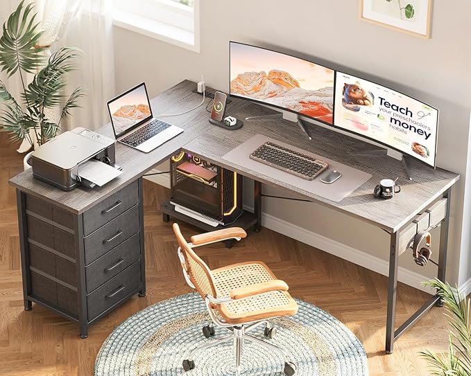 AODK L Shaped Gaming Desk with 4 Drawers 53 Reversible Home Office Desks with Power Outlets L Shaped Computer Desk with USB Charging Port and Host Stand Corner Desk Easy to Assemble Grey