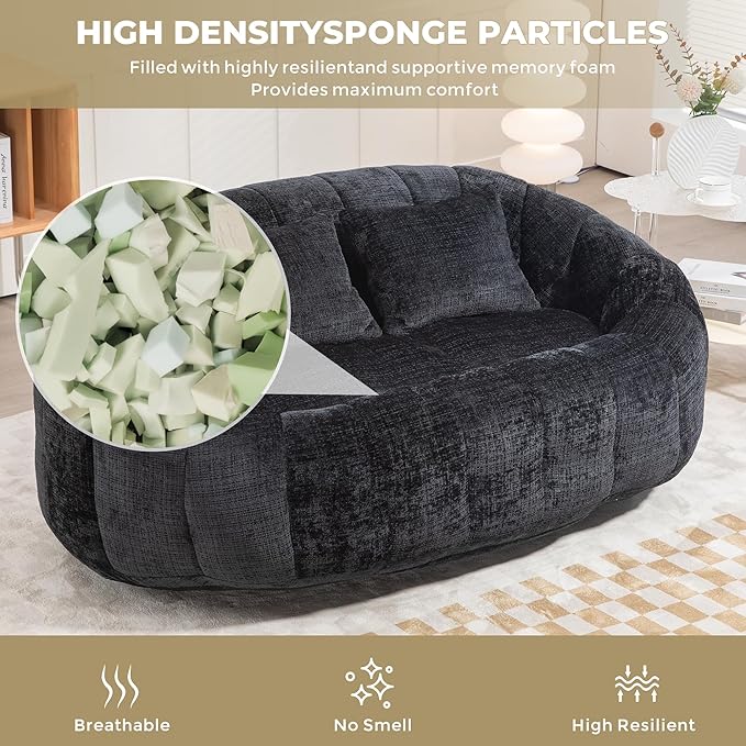 GDFStudio Colomt Lounge Chair Upholstered Lazy Sofa Chair 2 Seater Couch Comfort Chenille Loveseat Ready to Use Bean Bag Chair Soft Seating Lounge Reading Sofa for Living Room Bedroom Black