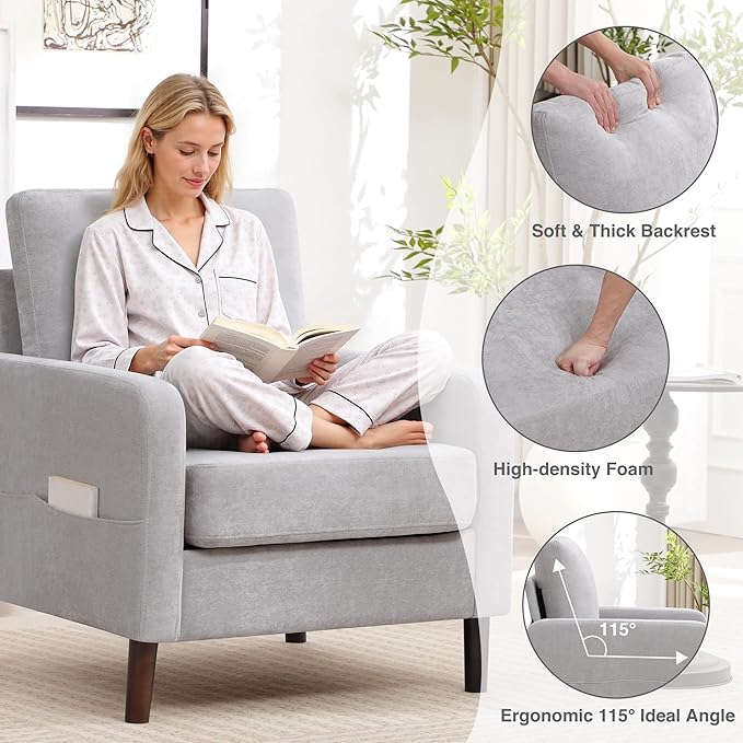 Accent Chair for Living Room Modern Reading Chair for Bedroom Upholstered Armchair with Wood Legs and Side Pockets Single Sofa Side Chair for Office Small Room Apartment Light Grey